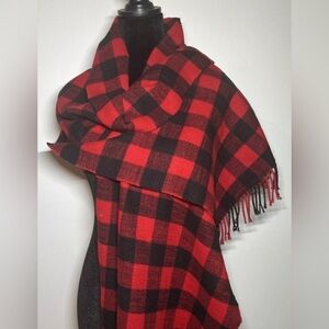 J Crew Classic Scarf Shawl Red Black Plaid 15”x80” Fringe buffalo plaid unisex